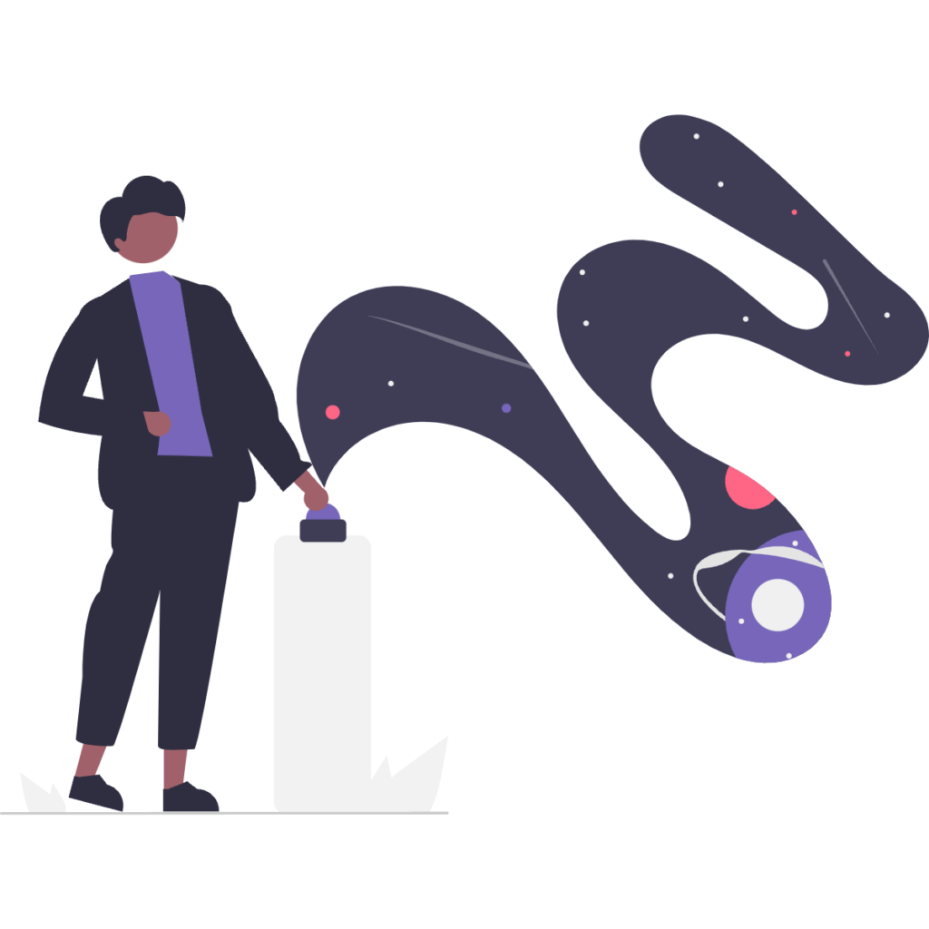 Illustration of person pressing launch button with a swirl of stars