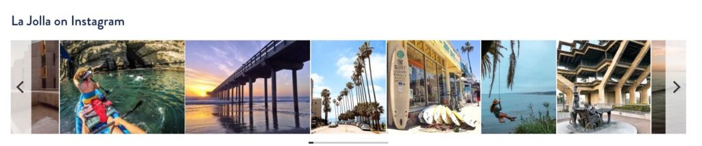 Photos of La Jolla, CA displayed as an embedded widget on the San Diego Tourism Authority website.