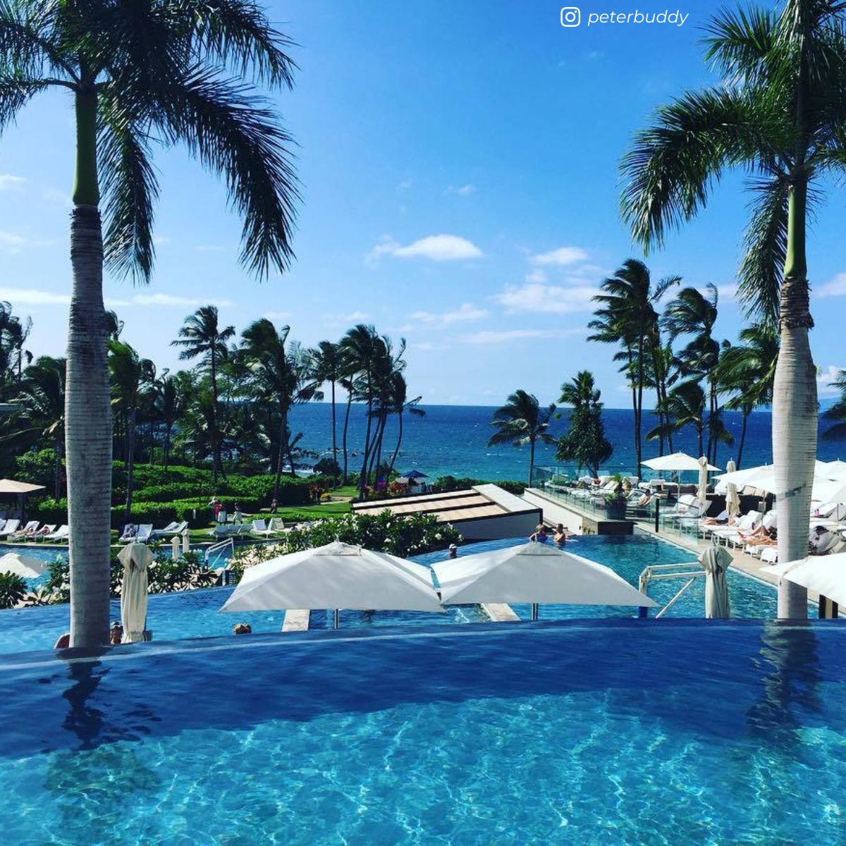 Photo of beautiful hotel pool and palm trees in Hawaii